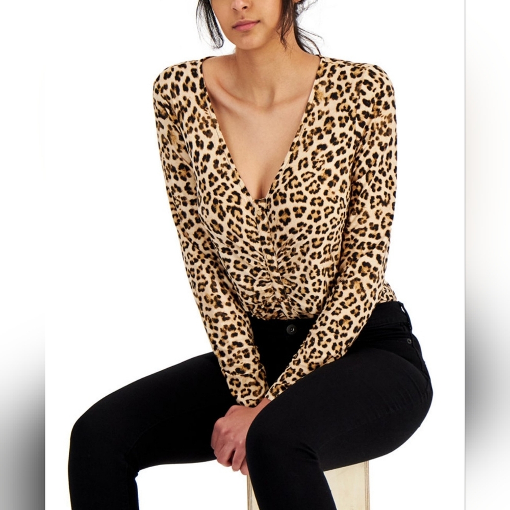 NWT•I.N.C. International Concepts Womens Cheetah Print Ruched-Front Top•Small•🐆 - Picture 4 of 10